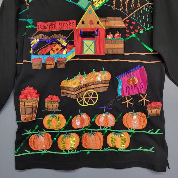 Vintage 80s Accessory Lady Top Womens L Black Fall Applique Embroidered Sequin - Picture 4 of 11